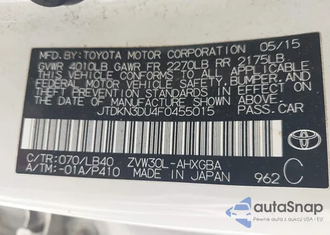 2015 Toyota Prius Four from USA, damaged, VIN JTDKN3DU4F0455015